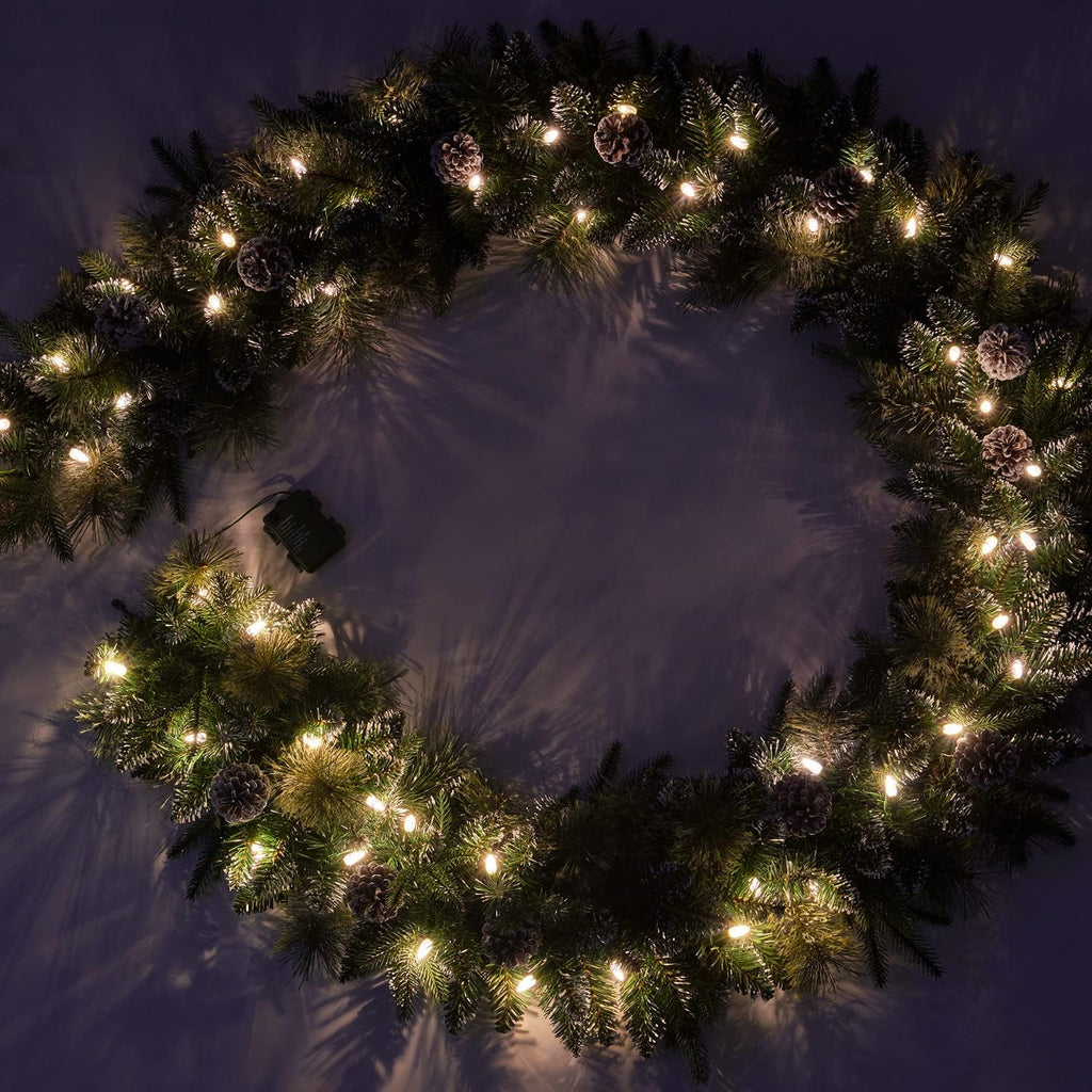 9Ft Pre-Lit Christmas Garland, Plug , Green, 50 White Lights, Fireplace Stairs Mantle Door Indoor Outdoor