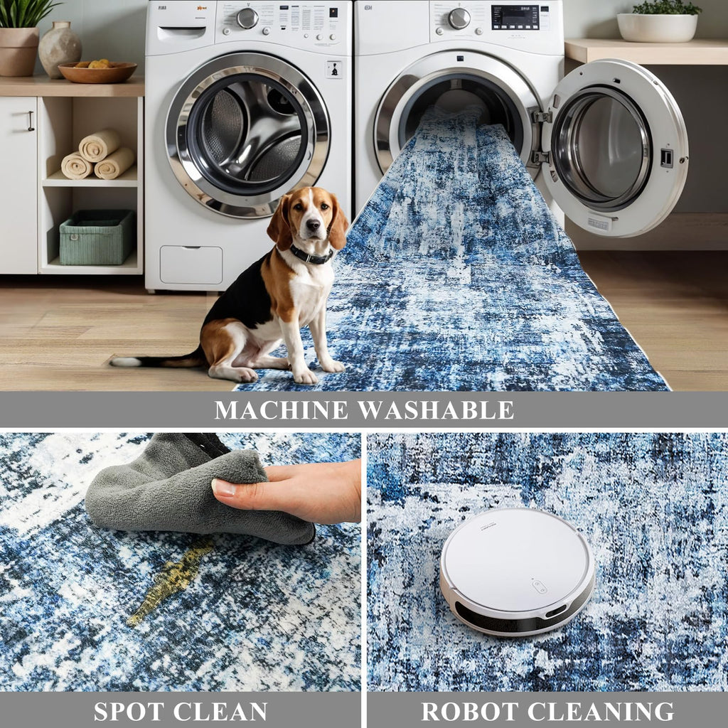 3x7 Washable Non-Slip Kitchen Runner Rug - Modern Abstract Neutral Carpet, Laundry Room - Low-Pile Thin Wide Floor