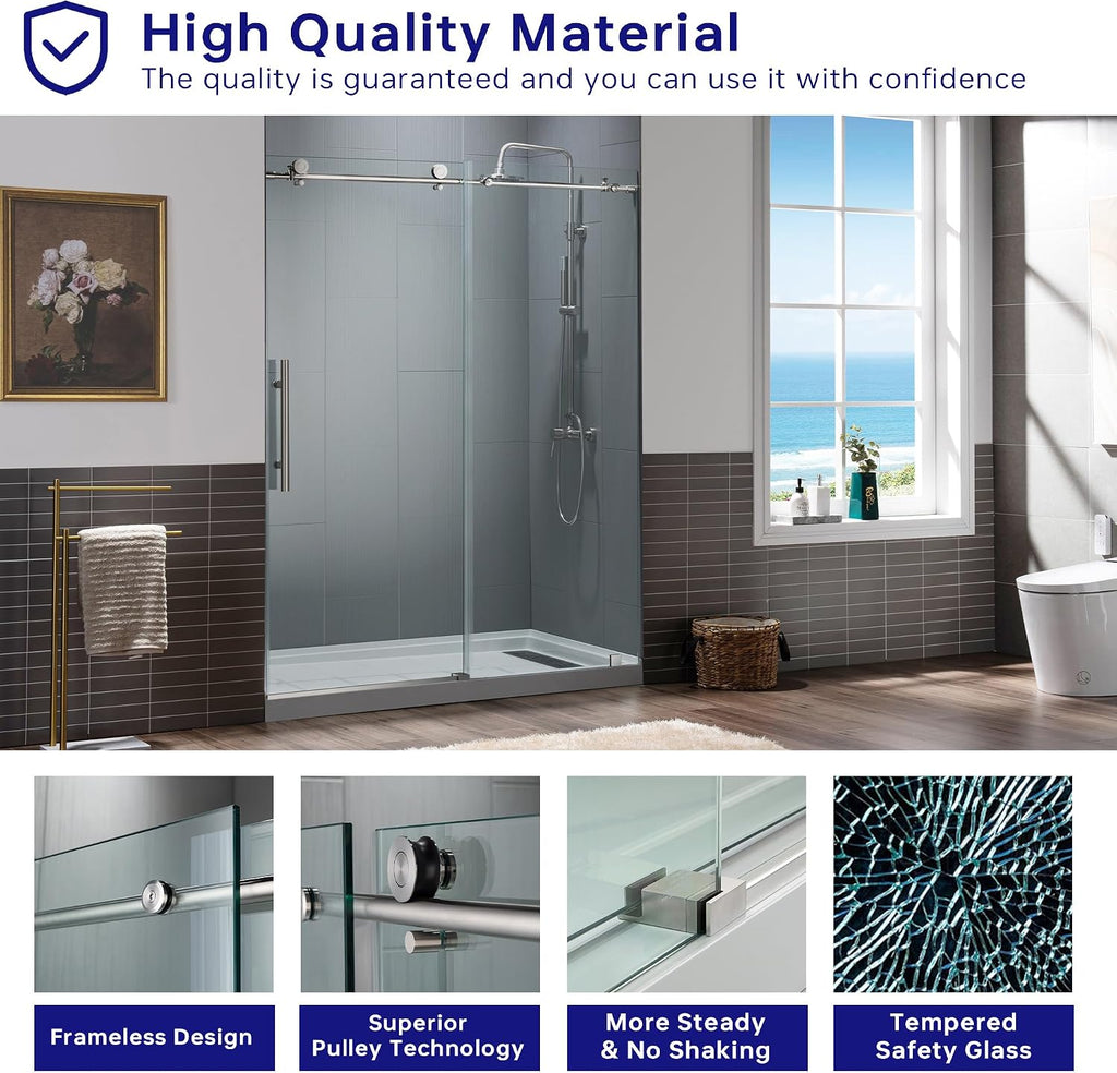 Frameless Sliding Shower, 56"-60" Width, 76" Height, 3/8" (10 mm) Clear Tempered Glass, Brushed Nickel Finish