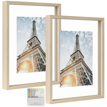 11x14 Floating Frame in Light Oak, Double Glass Picture Frame Display Photo up to 11x14, Wall Mount or Tabletop