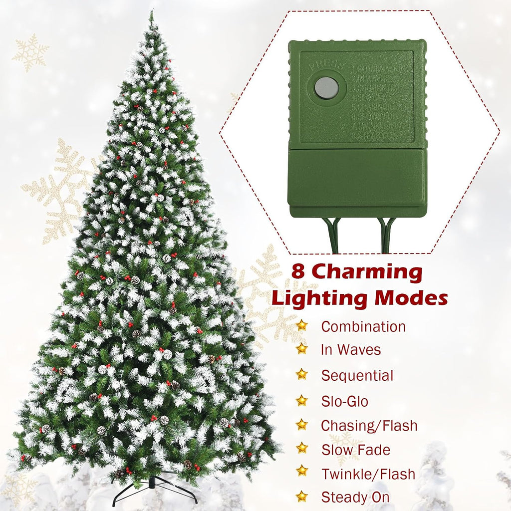 Pre-lit Artificial Christmas Tree, Hinged Snow Flocked Xmas Tree w/Pine Cones, Red Berries & 900 LED Lights, 8