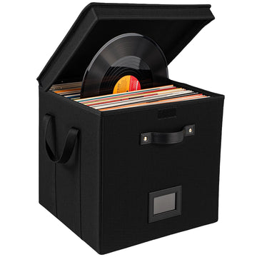 Vinyl Record Storage Box, 13 Inch Linen Fabric Organizer with Lid, Collapsible Cube Crate Bin Holds 120+ LP Albums