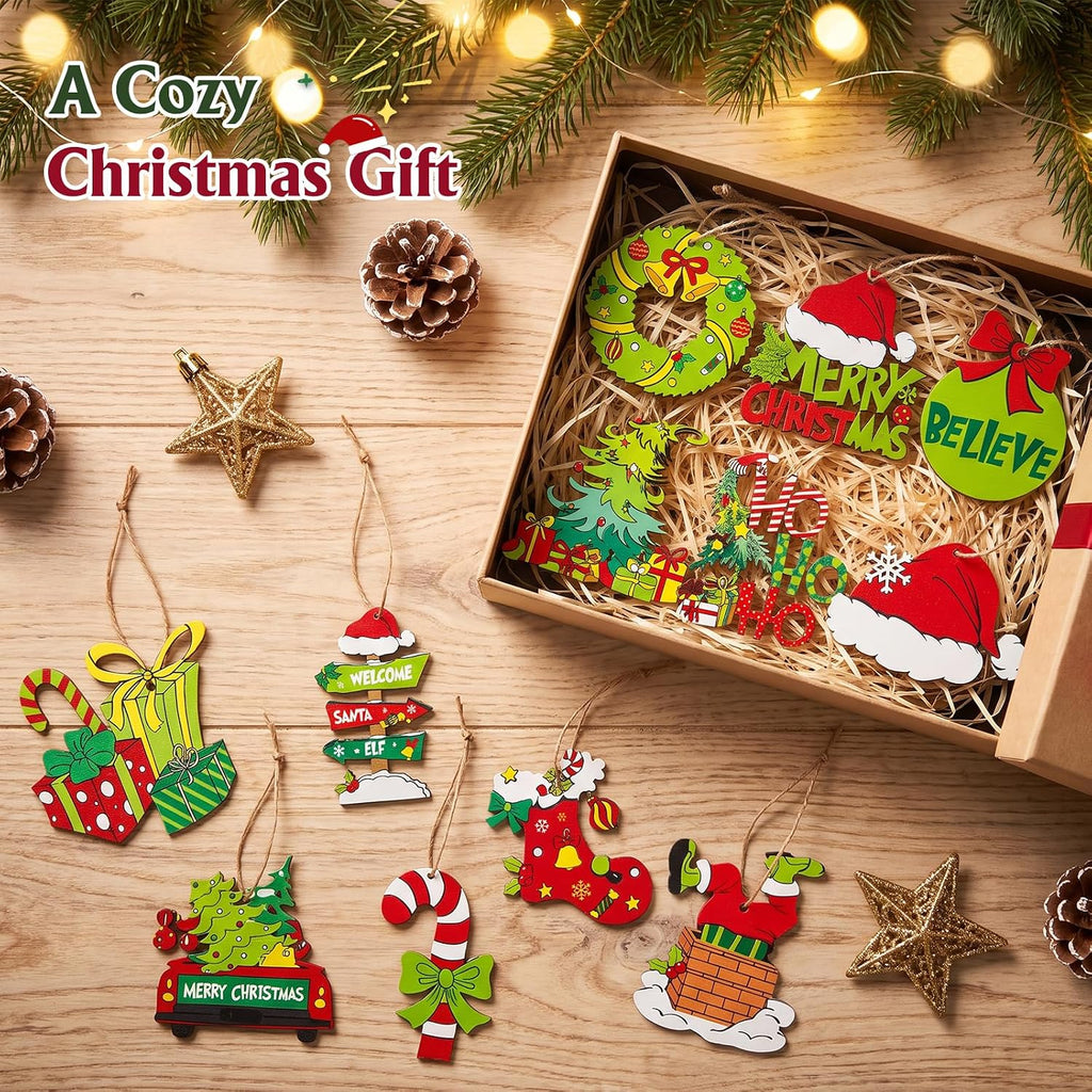 Christmas Ornaments for Tree, Hanging Wooden Christmas Decorations - Set of 36