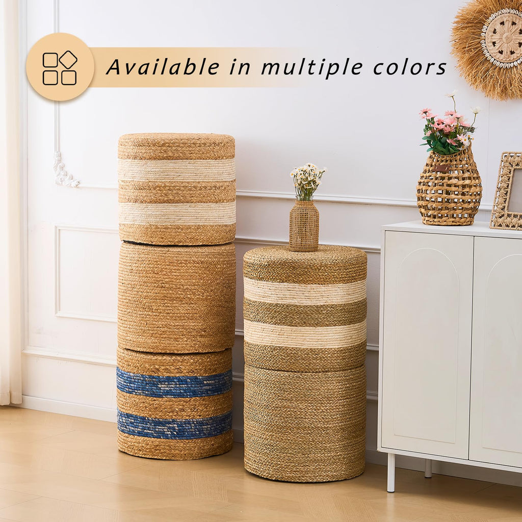 Handwoven Ottoman Pouf, Natural Water Hyacinth Footstool, Round Braided Outdoor Seat with Sturdy Frame, Boho Accent