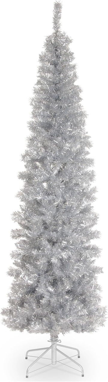 Tree Company 7ft Unlit Silver Tinsel Artificial Christmas Tree | 640 Tips, Includes Stand