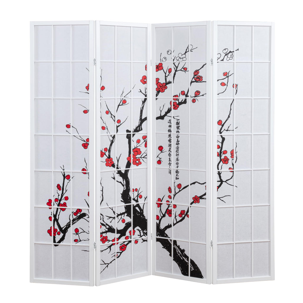 White Japanese 4-Panel Screen Room Divider, Plum Blossom