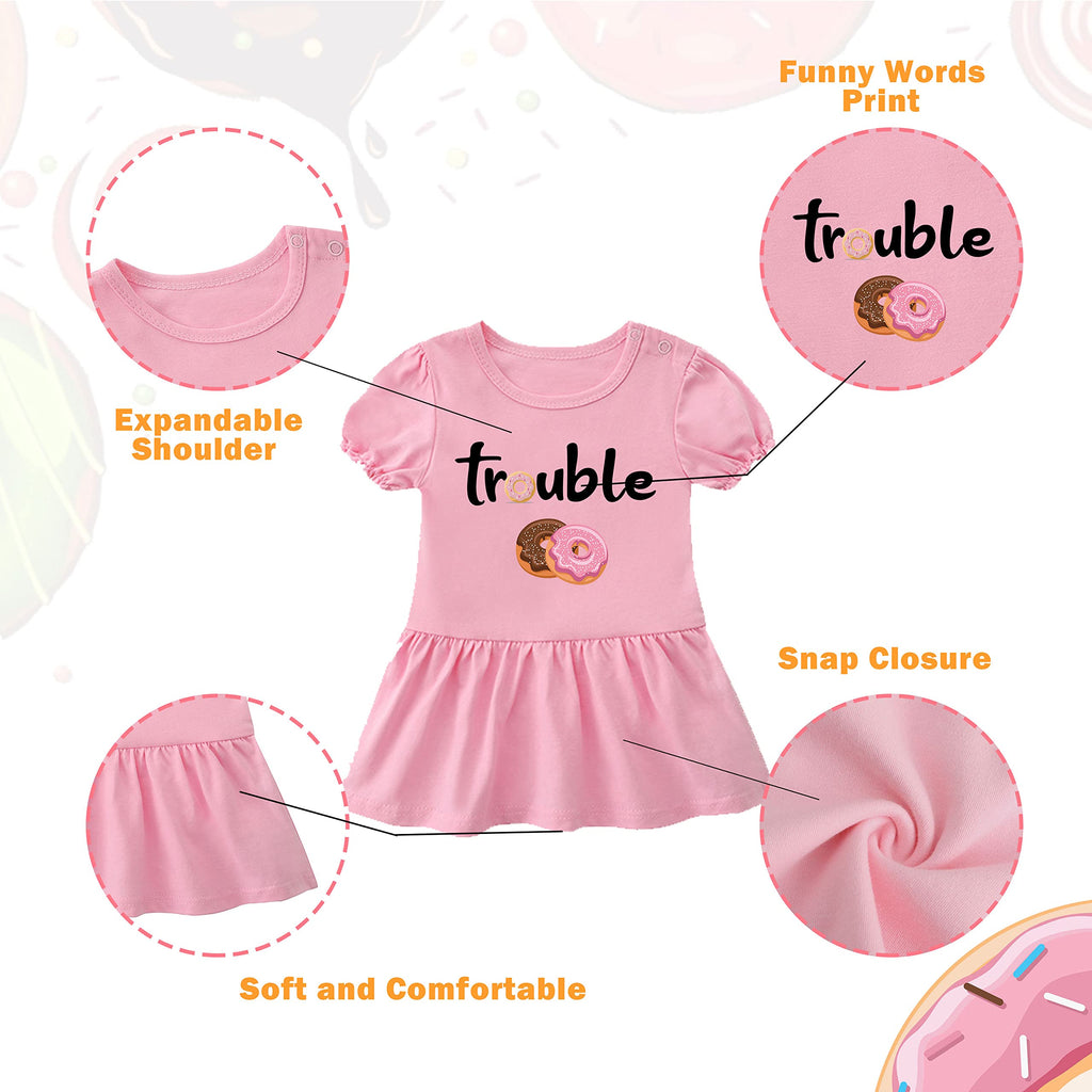 2 Pack Baby Twins Bodysuits Double Trouble Sweet Donuts Girl Outfits Sister Dresses Infant Romper Headband (PB