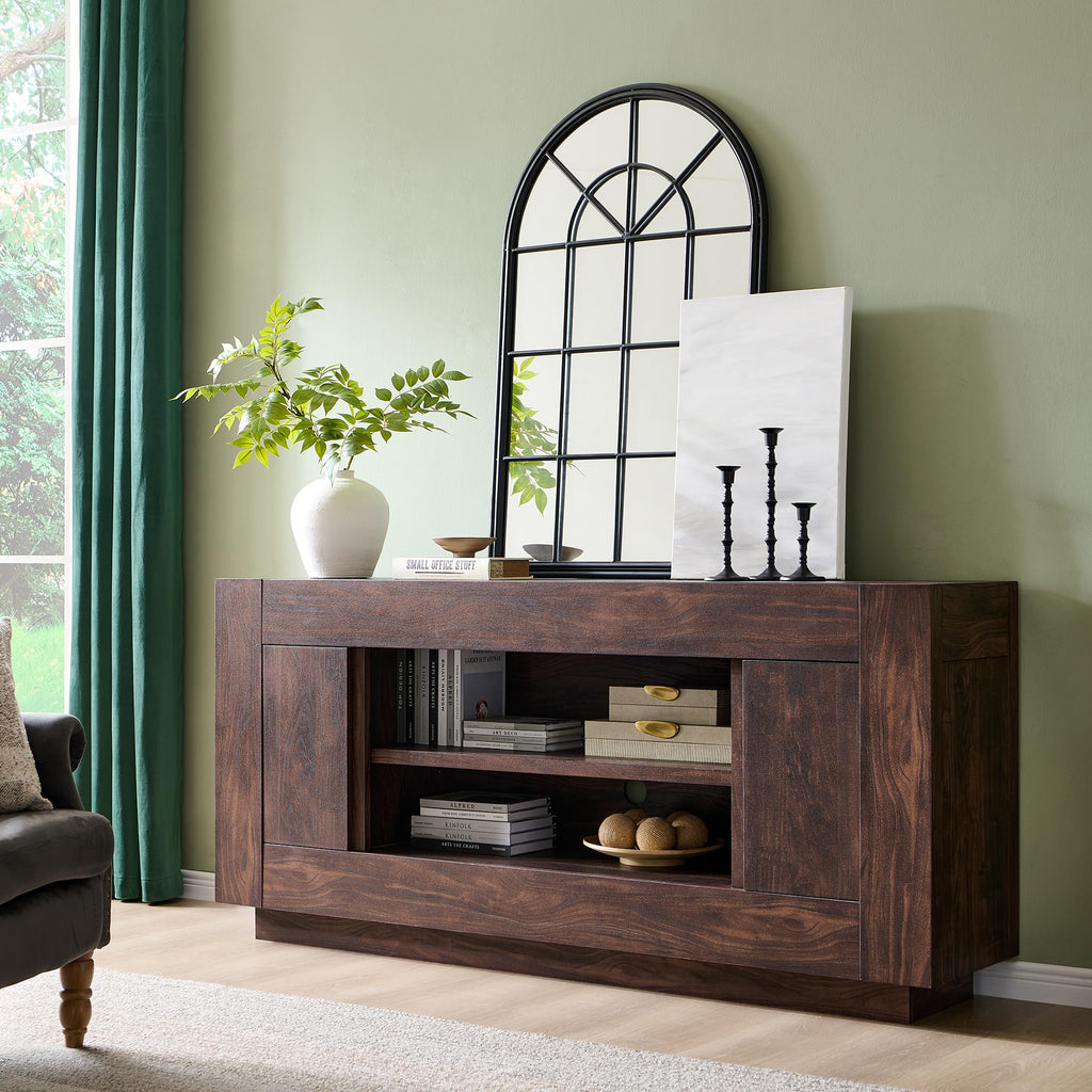 Modern 70" TV Stand for 80" TV, Thick Block Media Console, Dark Walnut