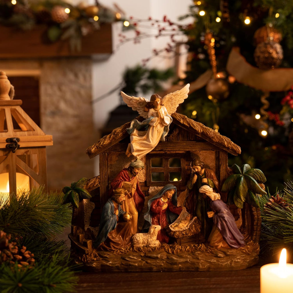 12.4" Christmas Nativity Set with LED Light, Red Gold