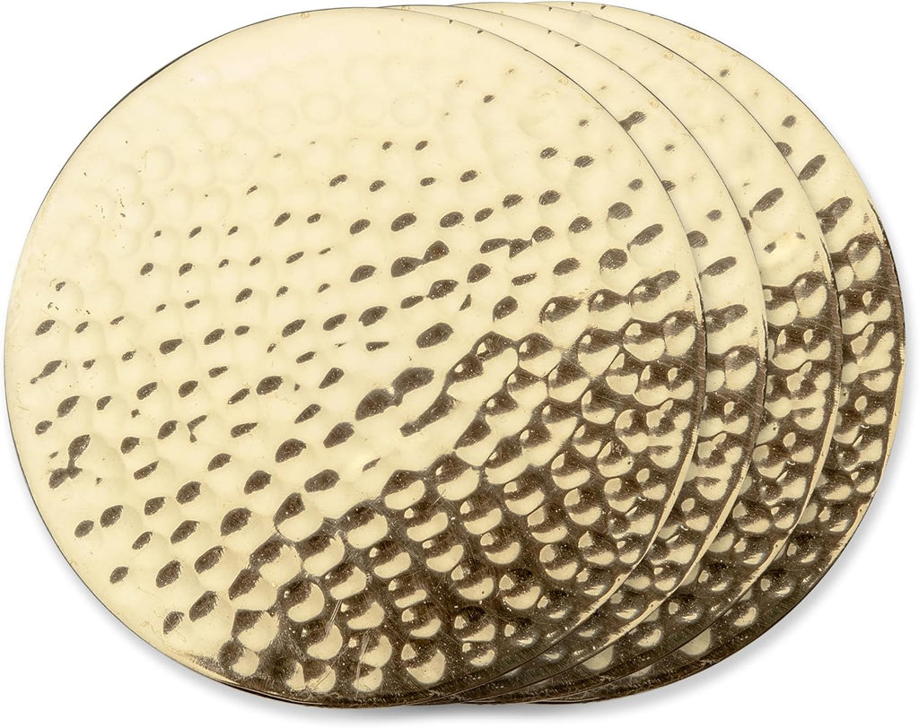 Hammered Brass Coasters, Round Coasters, Brass with Velvet Backing, Protect Tables and Surfaces, Gold - Set of 4