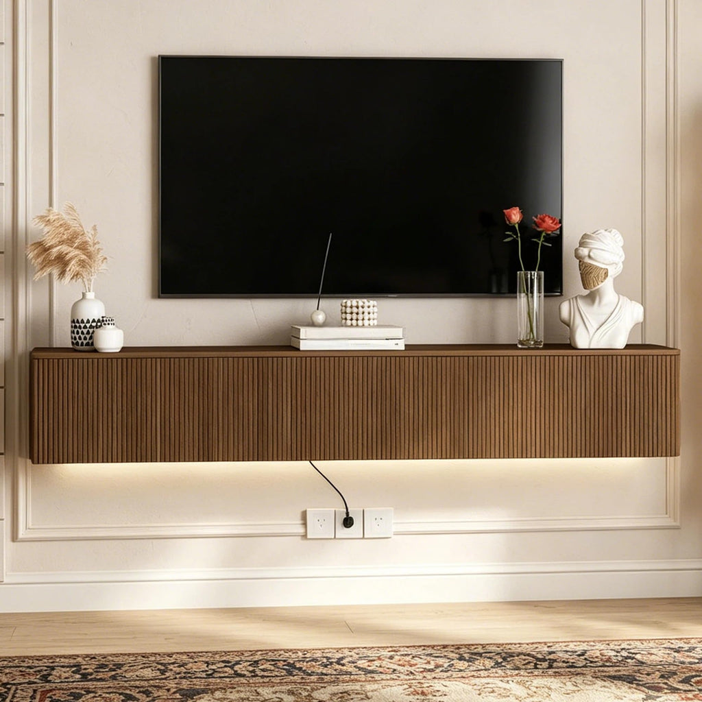 Oak Floating TV Stand, Fluted TV Console Wall Mounted, Floating Entertainment Center, Fluted TVs Cabinet Wood, Oak