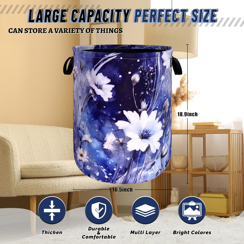 Blue Daisy Floral Laundry Basket Oxford Cloth Foldable Hamper 18.9x16.5 In