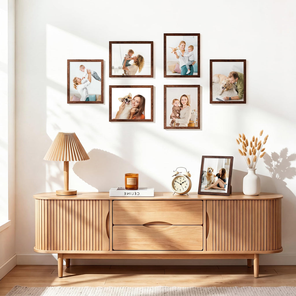 8x10 Picture Frame Set of 6, Wall or Tabletop, Brown Woodgrain