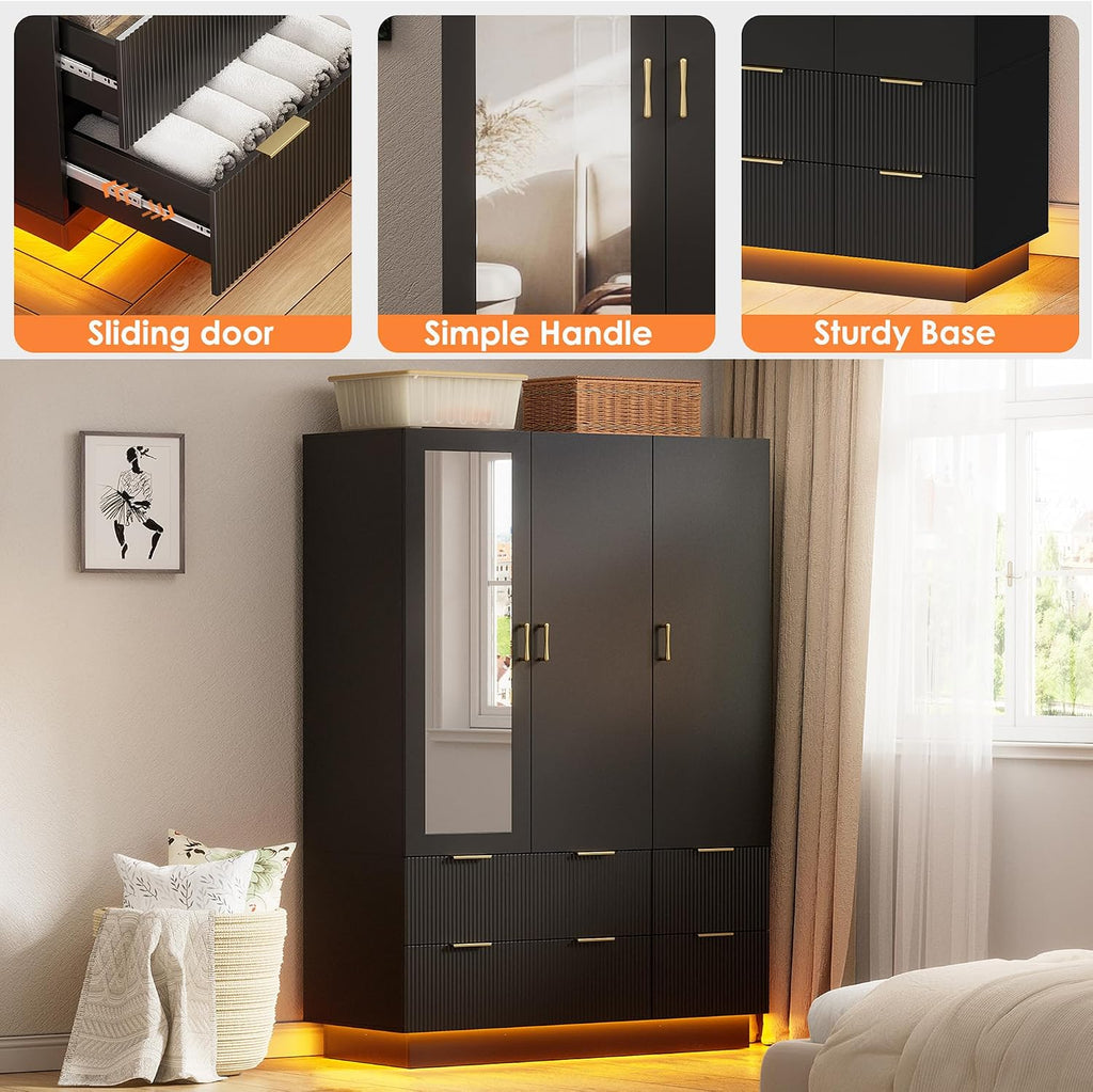 Large Wardrobe Closet, 3 Door Armoire Closet | Mirror and LED Lights, Hanging Rod, Drawers, Armoires and Wardrobes