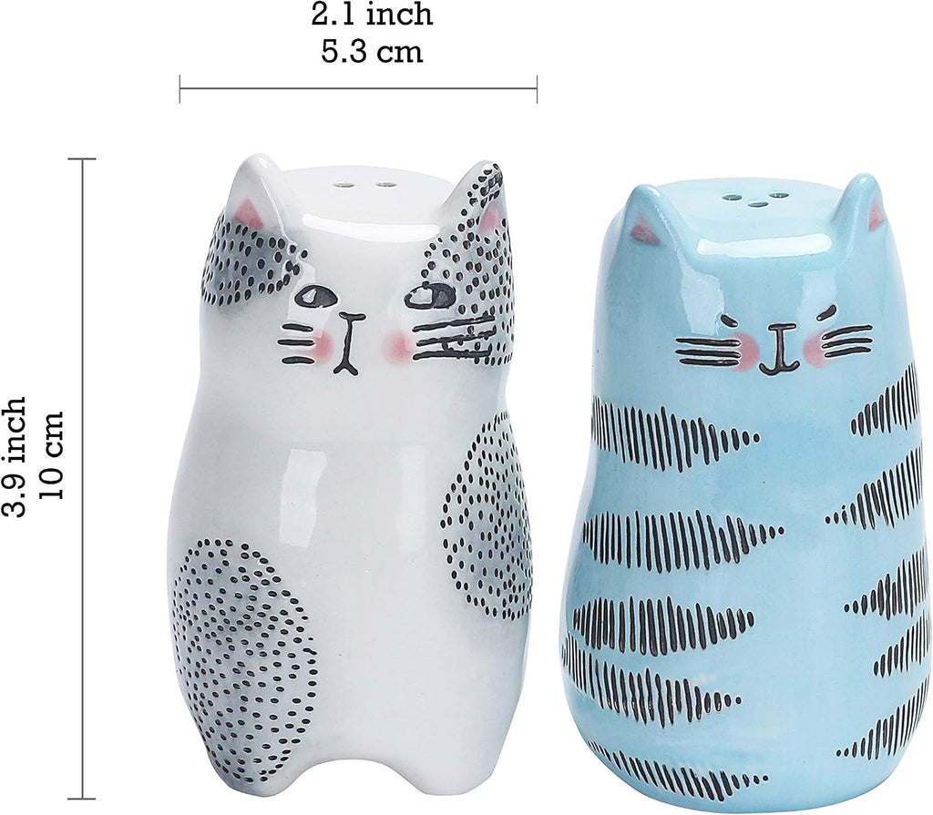 Cartoon Cat Salt & Pepper Shaker Set, Handpainted Stoneware, Dishwasher Safe - Set of 2