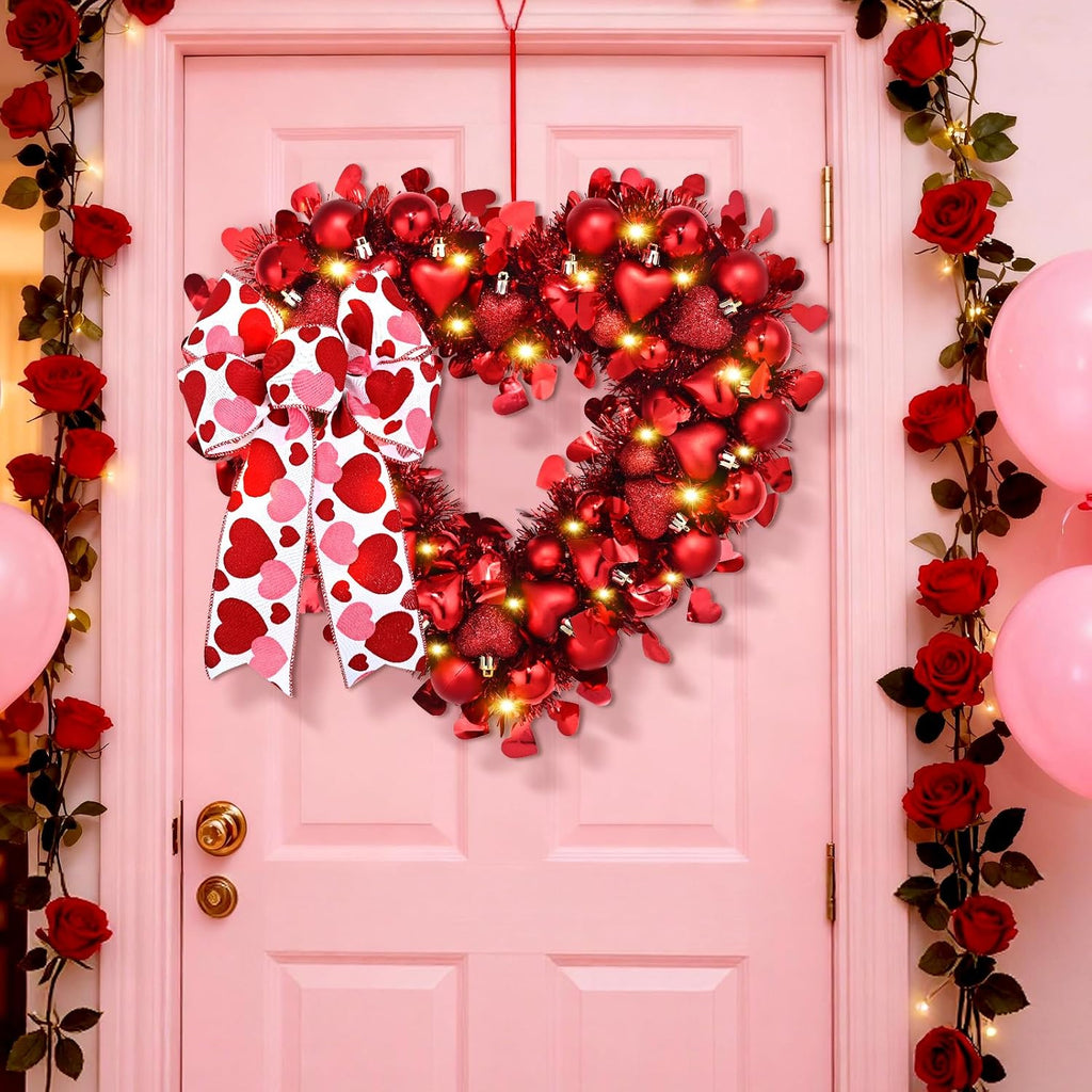 14.2'' Valentines Day Wreath, Heart Wreaths for Front Door, Red Valentine Wreath Decorations with Bowknot Lights