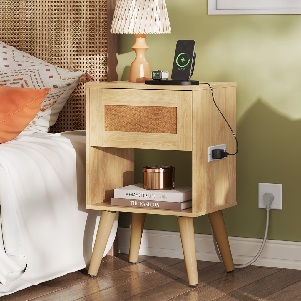 Rattan Nightstand, Boho Side Table with Drawer Open Shelf, Natural