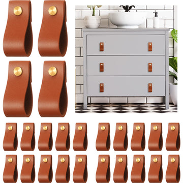 24 Pack Leather Drawer Pulls, Cabinet Handle with Screws, Gold,Brown