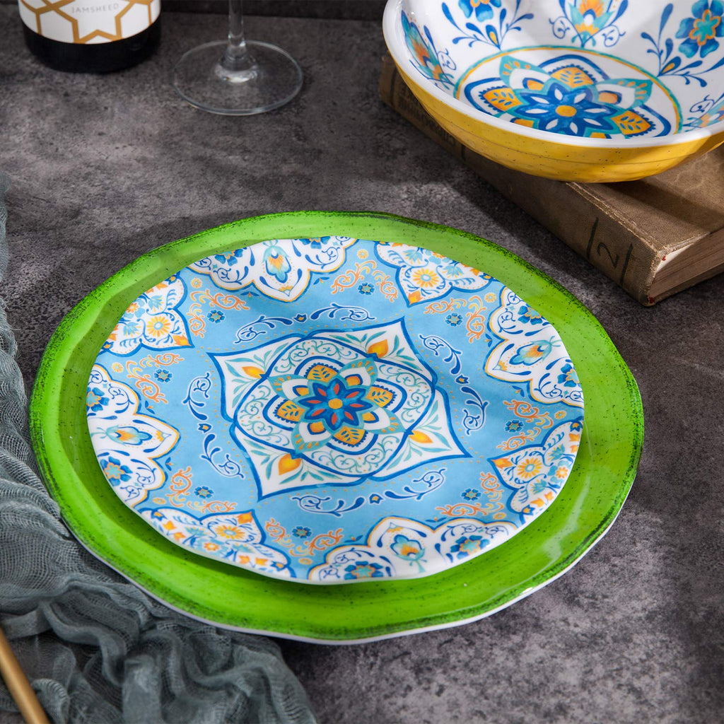Melamine Dinnerware Set 12 Pcs Durable Dishware Colorful Plate Bowl Set Dishwasher Safe Shatter Proof Chip Resistant