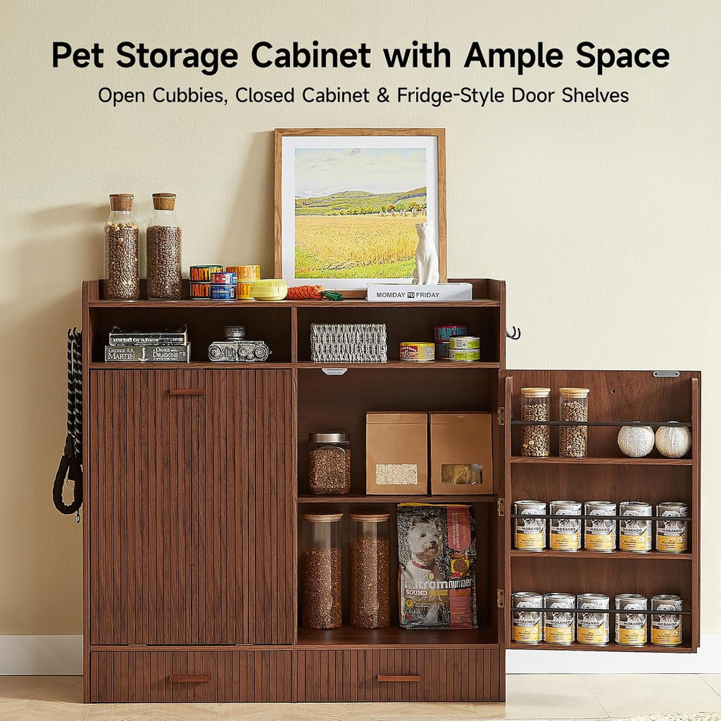 Large Dog Food Storage Cabinet & Dog Feeding Station, Dark Walnut