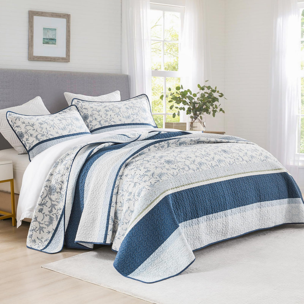 100% Cotton Quilt Set, Cottage Botanical Floral, Navy/White