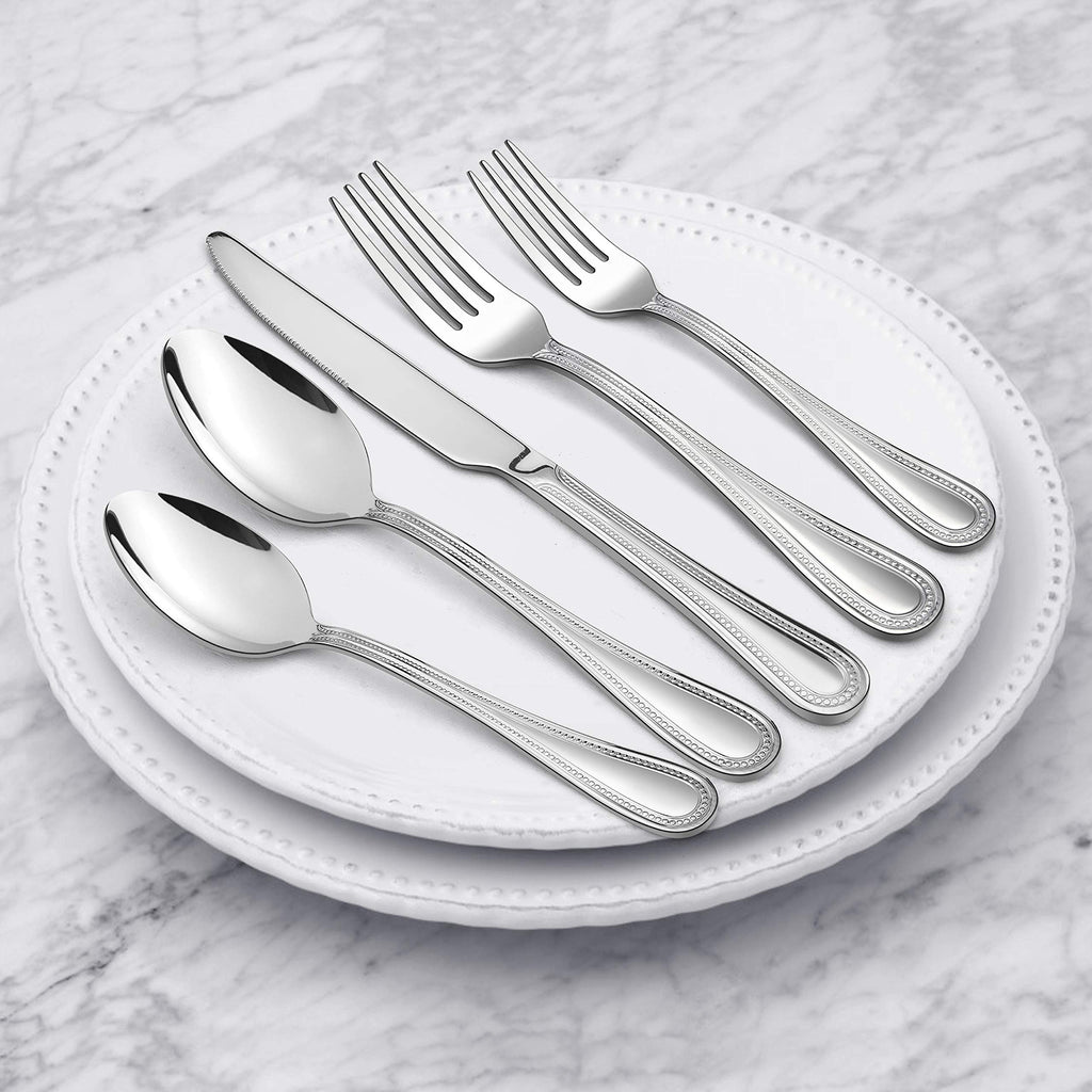 30-Piece Silverware Set, Stainless Steel Flatware Service for 6, Pearled Edge Tableware Cutlery Include
