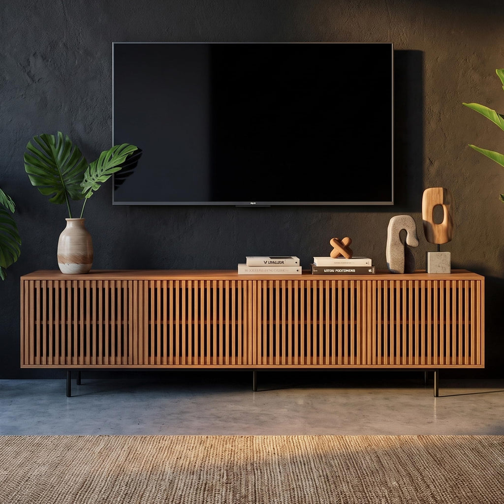 86.61" TV Stand with Slatted Doors, Media Console for 75+ TVs