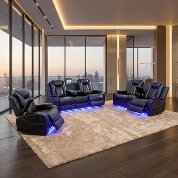 3 Peice Living Room Funiture Set Modular Sectional Reclining Sofa, Leather Black Sofa+ Loveseat + Recliner Chair, Love