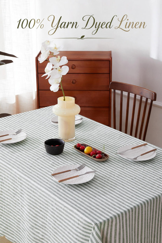 100% Yarn-Dyed Linen Stripe Tablecloths Scalloped Embroidery Rectangle 108Lx60W Inch for Dinners, Parties, Spring