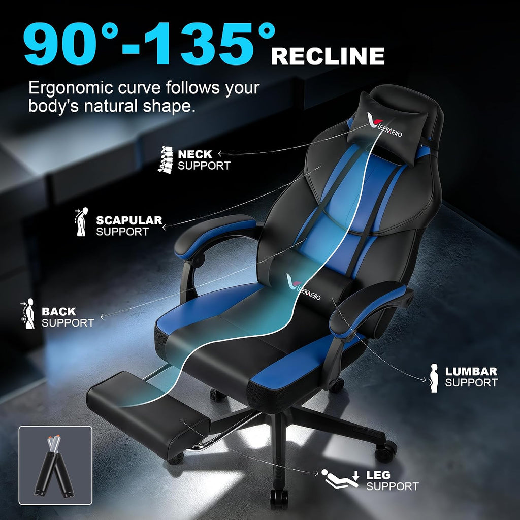 Blue Gaming Chair Big and Tall 400lbs, Ergonomic Office Chair with Pocket Spring Cushion, Retractable Footrest