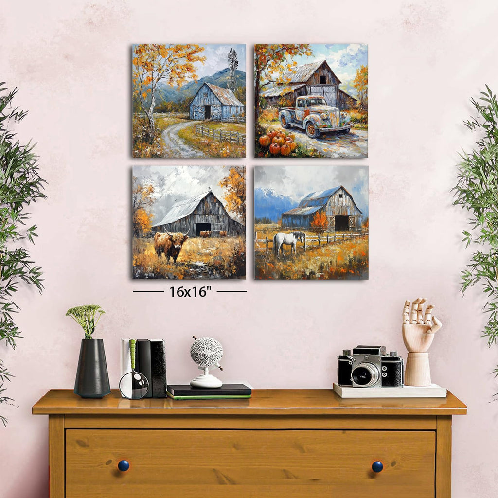 Autumn Forest Wall Art Cow Pictures Wall Decor Farmhouse Barn Windmill Truck Painting Farm Animals Horse Canvas