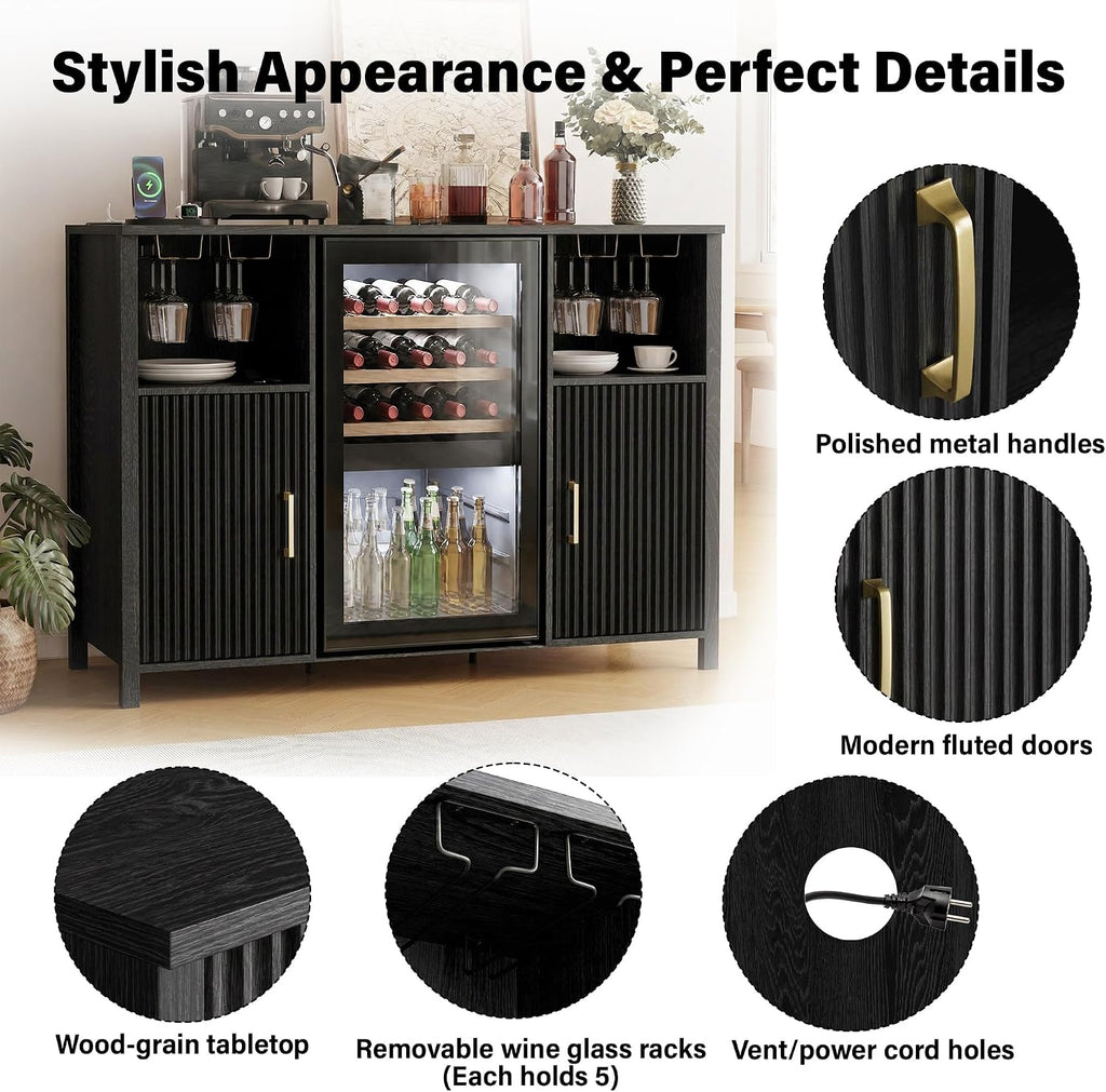 53" Fluted Coffee Bar Cabinet with Power Outlet, Mini Fridge Space and Wine Glass Racks, Black