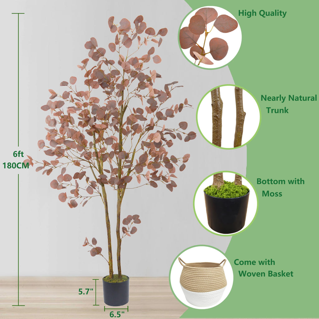 Artificial Eucalyptus Tree 6ft Red Leaves Plant with Basket