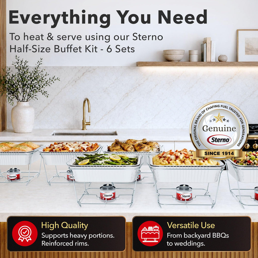 Half Size Disposable Chafing Dish Buffet Set with Fuel, 6 Pack