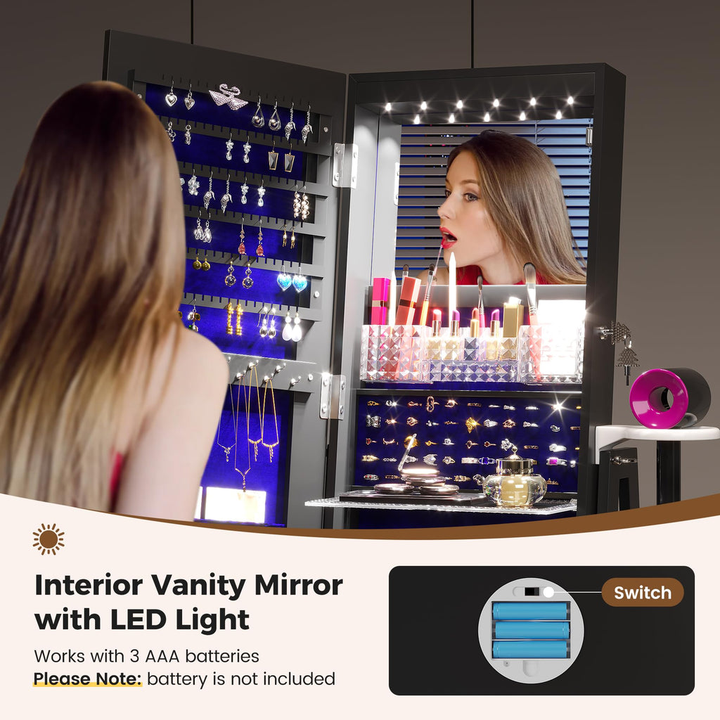 Jewelry Cabinet with LED Mirror, 360° Swivel & Remote Control, Black