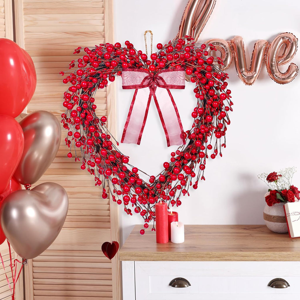 16in Valentine's Day Heart Wreath with Red Berries Red Heart Wreaths Handmade Valentines Day Wreath Rustic Twig
