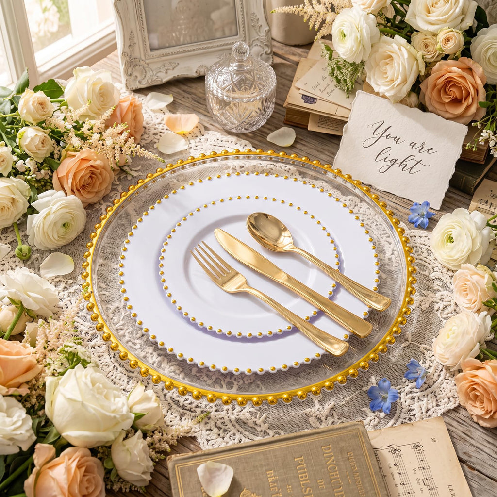 12Pcs 13" Clear Gold Beaded Rim Plastic Chargers for Dinner Plates