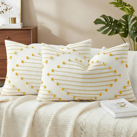 Boho Summer Outdoor Throw Pillow Covers 12X20 Set of 2, Farmhouse Lumbar Pillow Covers, Yellow & White