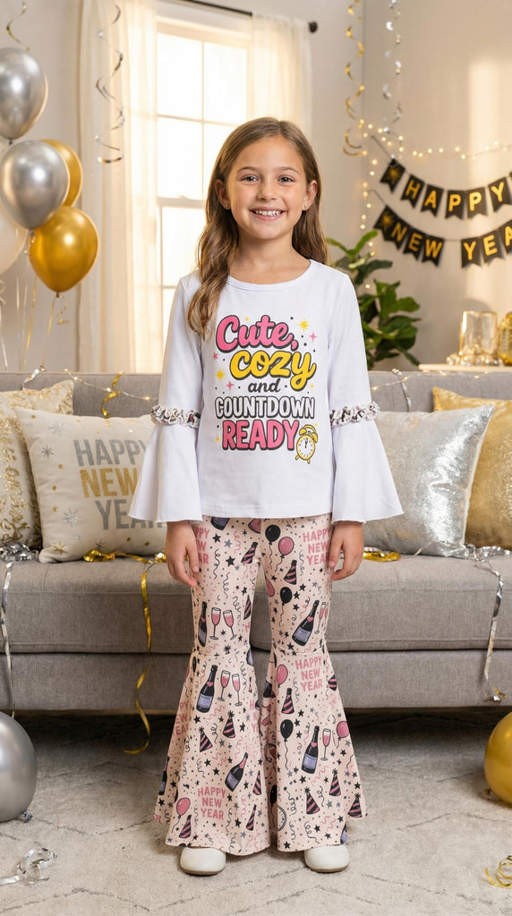 Girls 2 Piece New Years Bell Bottom Leggings Outfit with Bell Sleeved Shirt Kid and Toddler Clothes Set