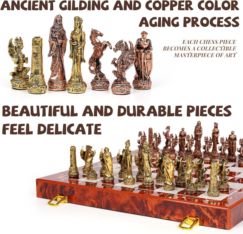Vintage Figurine Metal Chess Set for Adults and Kids - 15'' Wooden Board with Metal Pieces - Travel Chess Set