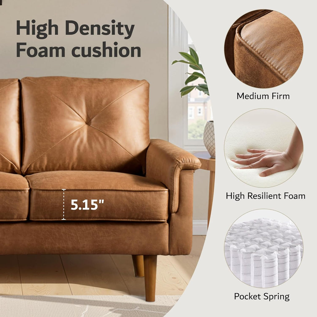 Luxury 3 Seater Sofa with Faux Leather,Mid-Century Modern Couch with Comfortable Armrest,Comfy Couches with Deep