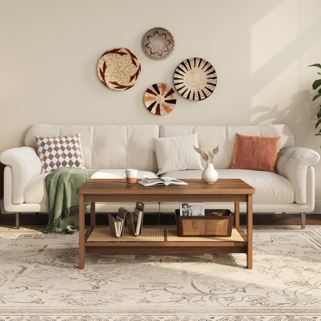 2-Tier Coffee Table with Rattan Storage Shelf, Walnut Brown