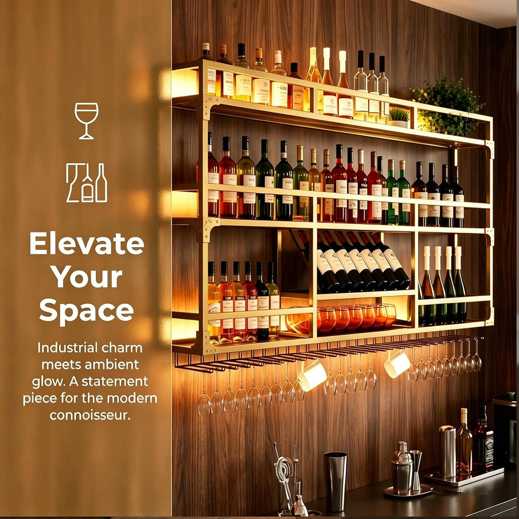 59in Wall Mounted Wine Rack, Floating Industrial Liquor Glass Holder 3 Tiers, Large Metal Wine Bottle Display Rack