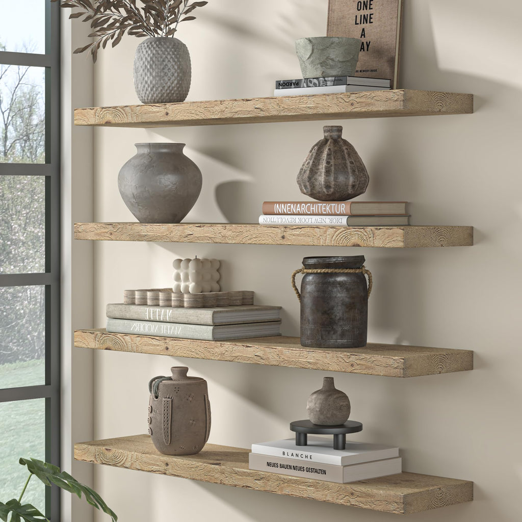 30 Inch Reclaimed Wood Floating Shelves for Wall, 8 Inch Deep Rustic Farmhouse Wall Mounted Shelf with Invisible
