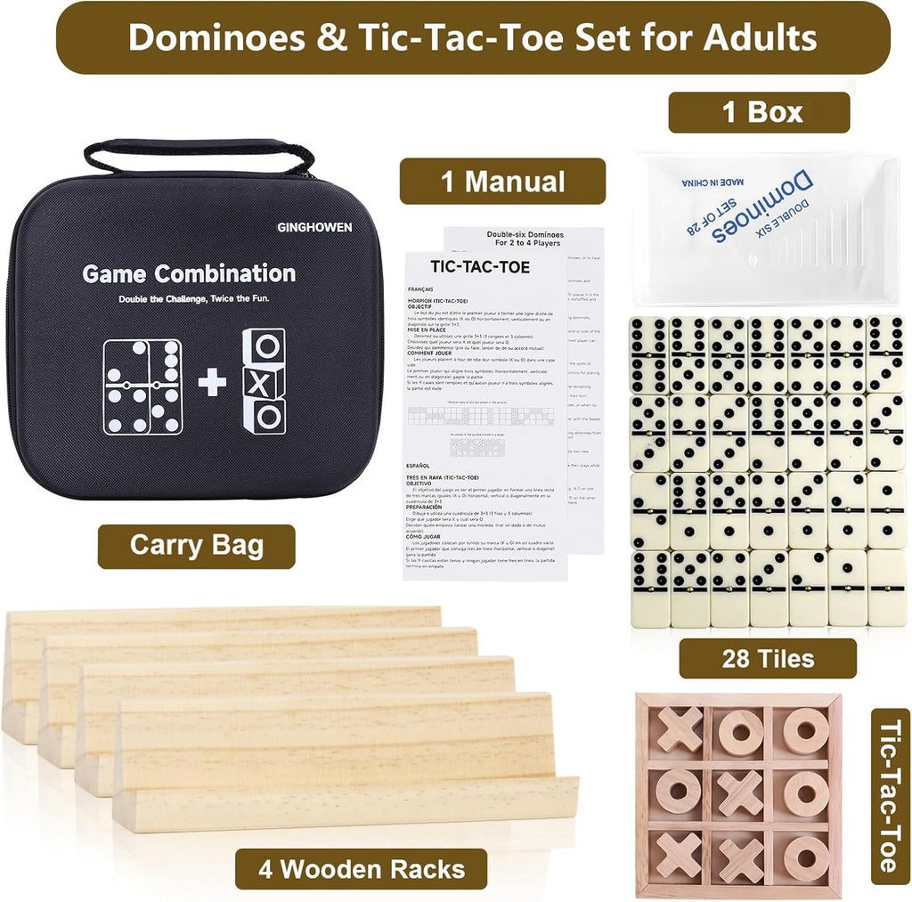 Dominoes and Tic Tac Toe Game Set, 28 Tiles Dominos with 4 Wooden Racks, Wood Tic Tac Toe Classic Board Games