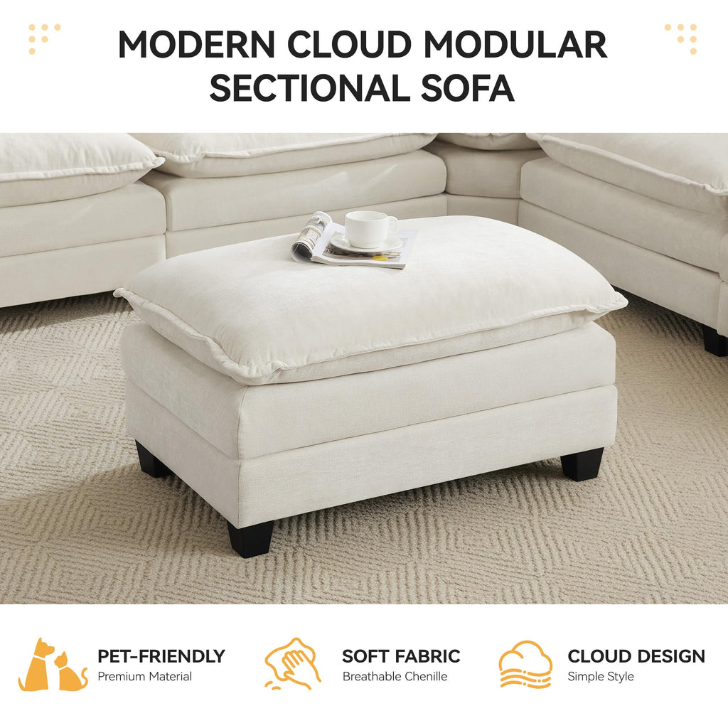 35'' Modern Chenille Cloud Sofa Ottoman, Rectangle Ottoman for Modular Sectional Sofa, Beige