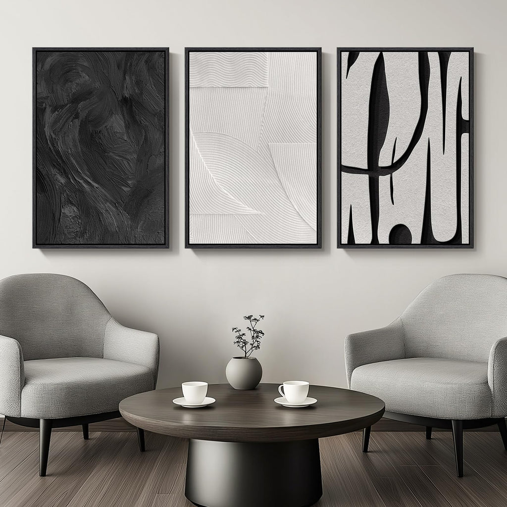 Large Framed Black and White Abstract Wall Art Set of 3