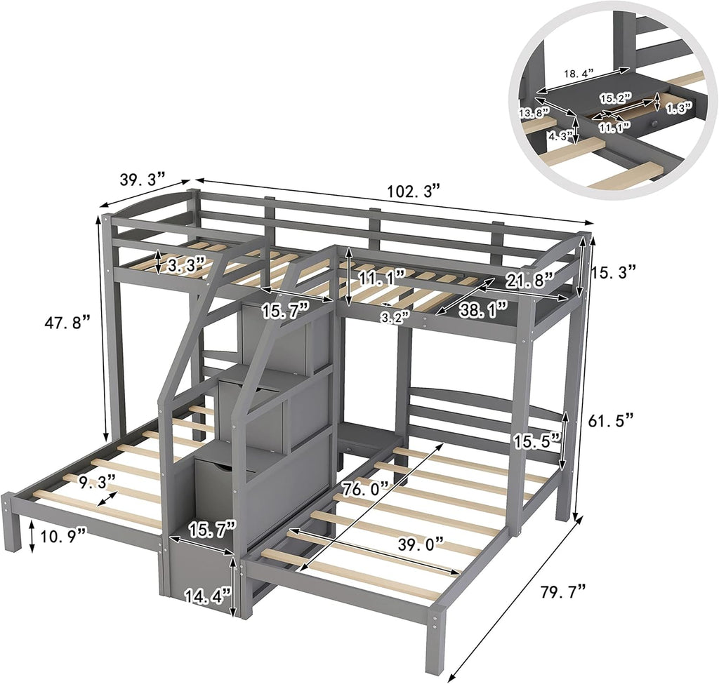 Triple Bunk Bed with Stairs and Storage Staircase, Twin Over Twin & Twin L-Shaped Bunk Bed for 3
