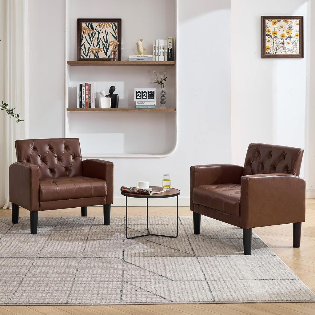 Leather Accent Chairs, Tufted Armchairs - Set of 2
