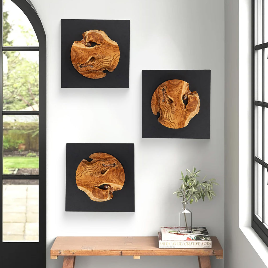 Teak Wood Wall Art Décor 17" Live Edge Caved Round Slice Pattern